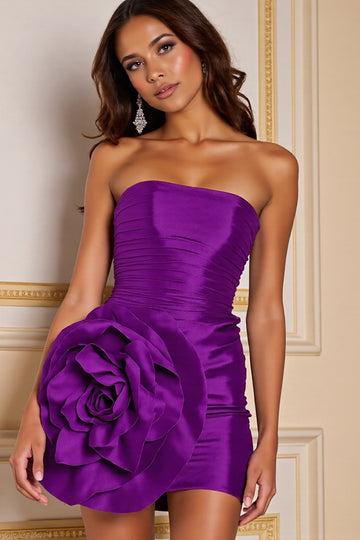 Strapless Ruched Dark Purple Homecoming Dress with 3D Flowers